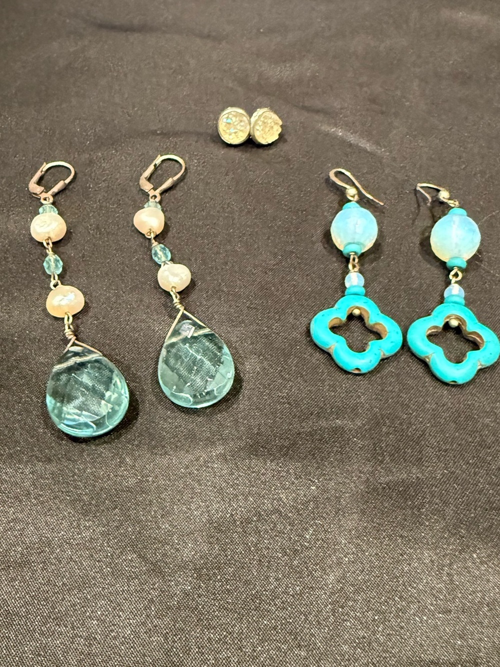 3 Pairs Earrings Druzy Quartz Studs + Blue Topaz Crystal Drops +Turquoise Clover - Picture 2 of 13